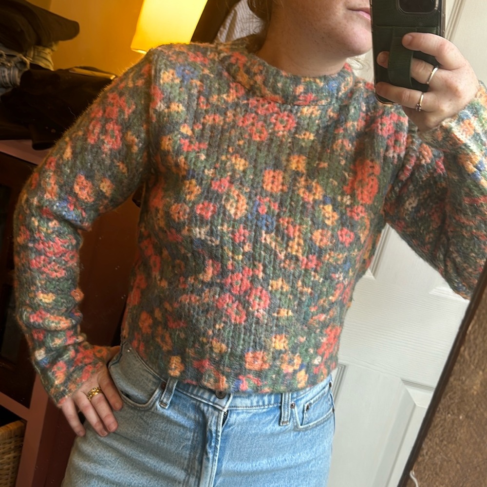 Zara Floral Crewneck Sweater With Orange, Blue, Green